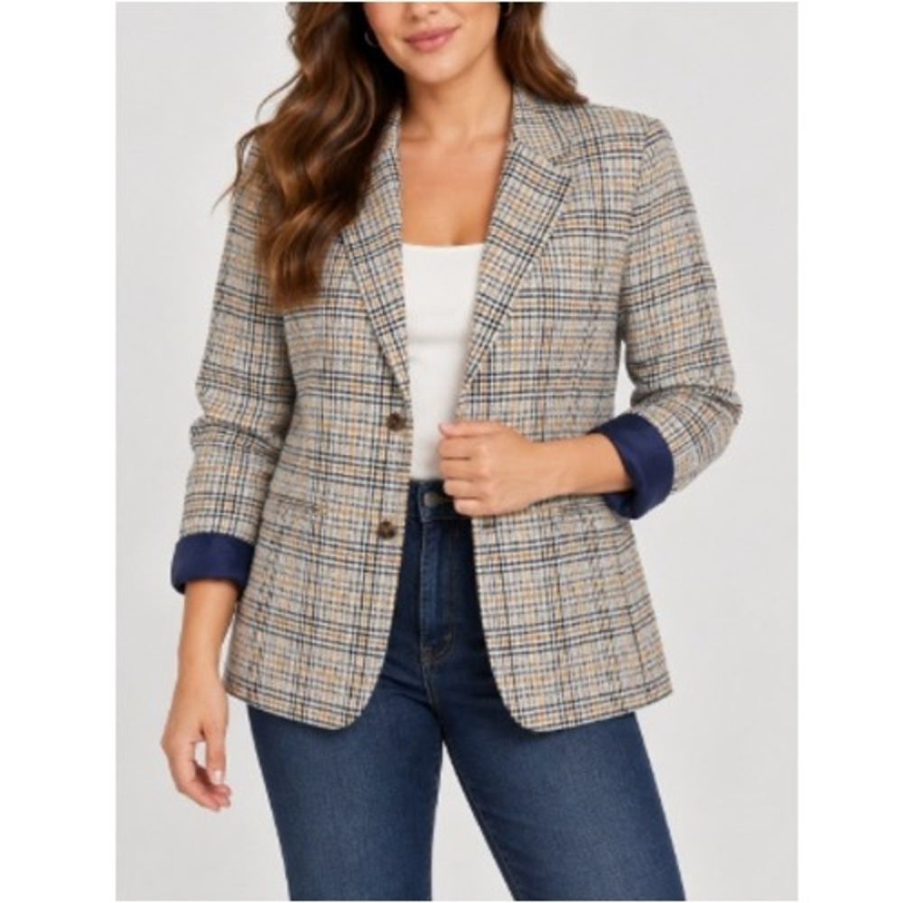 Womens Cream Navy Yellow Plaid Two Butto Glen Check Notched Lapel Blazer Size L